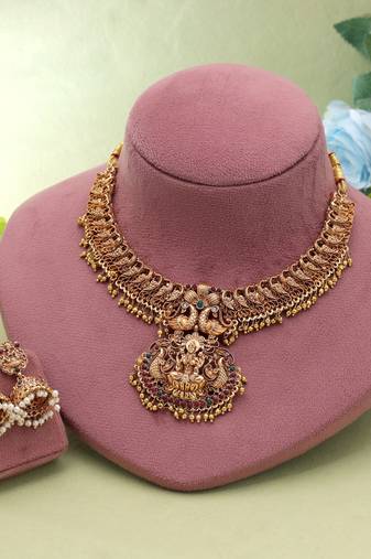 Maroon & green color temple necklace set designer finish