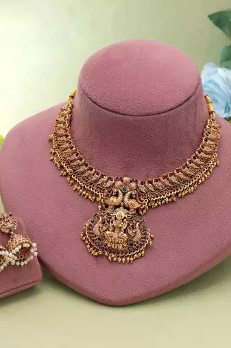 Maroon & green color temple necklace set designer finish