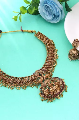 Maroon & green color temple necklace set designer finish