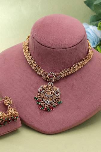 Rani & green color temple necklace set antique finish