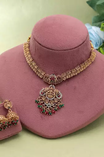 Rani & green color temple necklace set antique finish