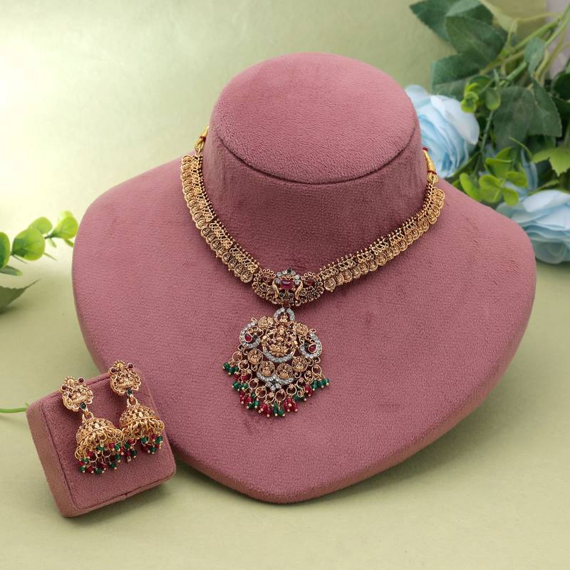 Rani & green color temple necklace set antique finish