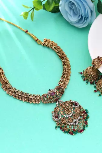 Rani & green color temple necklace set antique finish