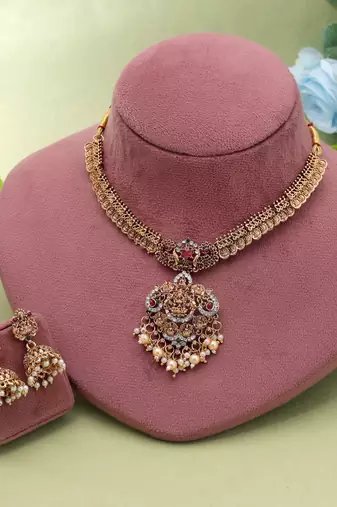 Rani & green color temple necklace set festive style