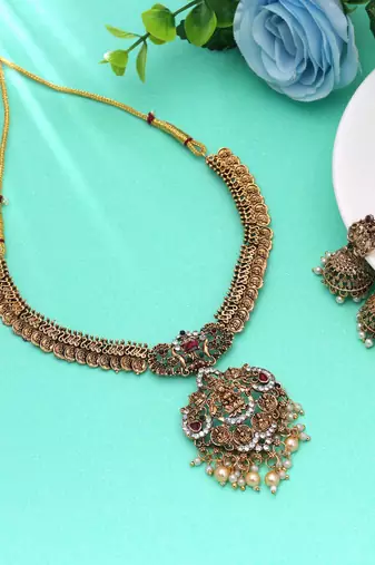 Rani & green color temple necklace set festive style