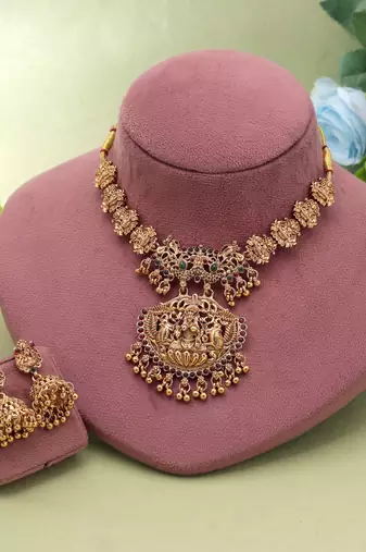 Rani & green color temple necklace set ethnic look