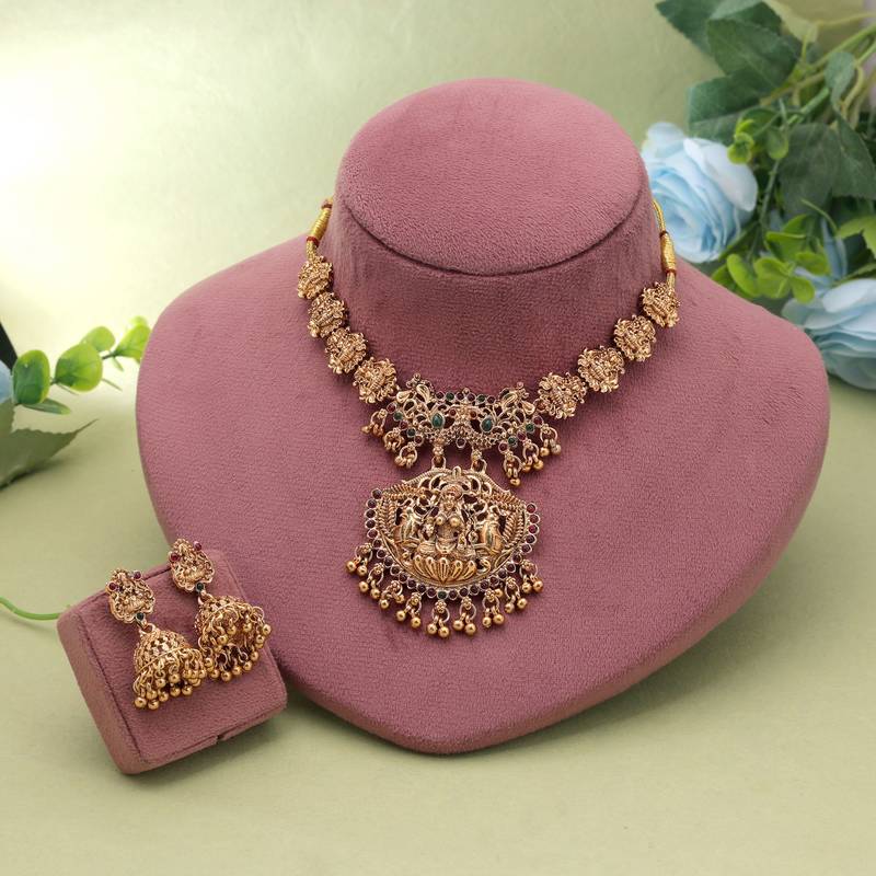 Rani & green color temple necklace set ethnic look