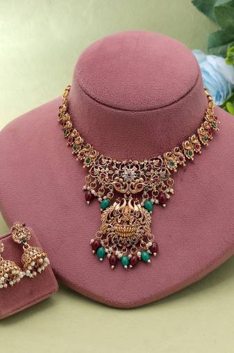 Maroon & green color temple necklace set royal design
