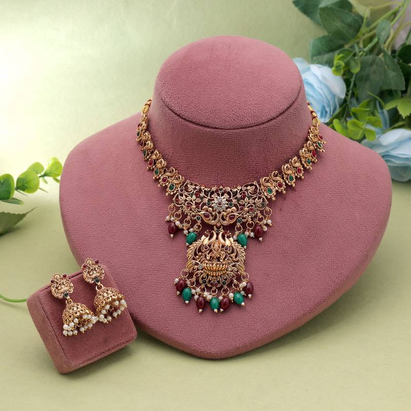 Maroon & green color temple necklace set royal design