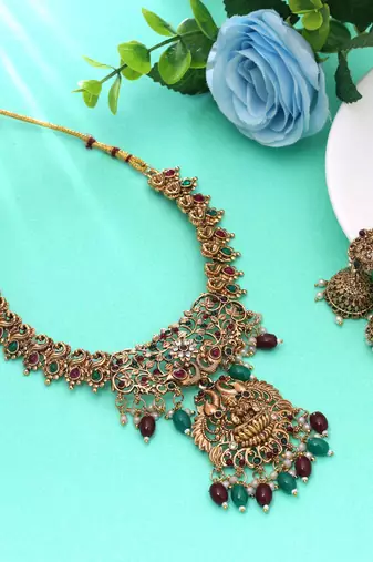Maroon & green color temple necklace set royal design