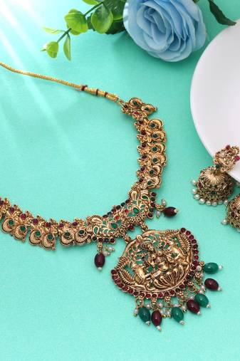 Maroon & green color temple necklace set traditional craft