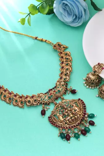 Maroon & green color temple necklace set traditional craft