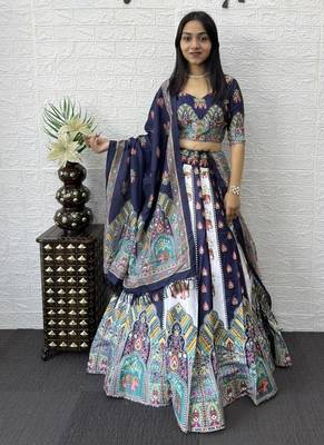 New Designer Print With Real Mirror Work Women's Lehenga Choli And Dupatta Set 1