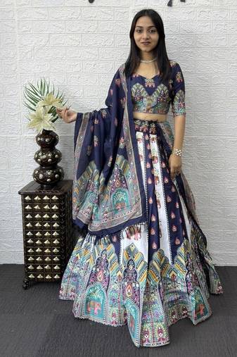 New Designer Print With Real Mirror Work Women's Lehenga Choli And Dupatta Set