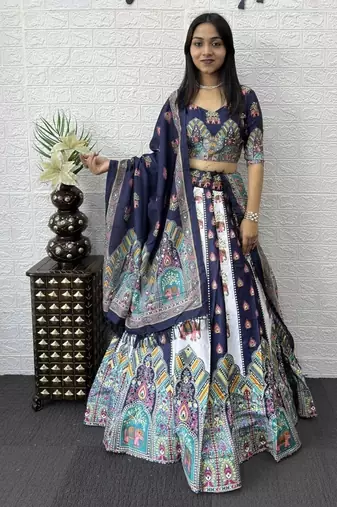 New Designer Print With Real Mirror Work Women's Lehenga Choli And Dupatta Set