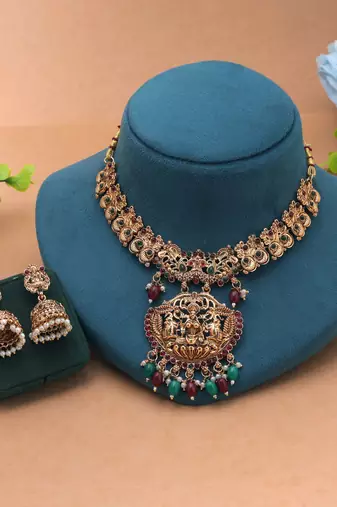 Maroon & green color temple necklace set traditional craft