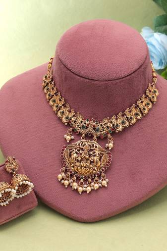 Maroon & green color temple necklace set festive jewelry