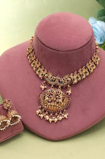 Maroon & green color temple necklace set festive jewelry