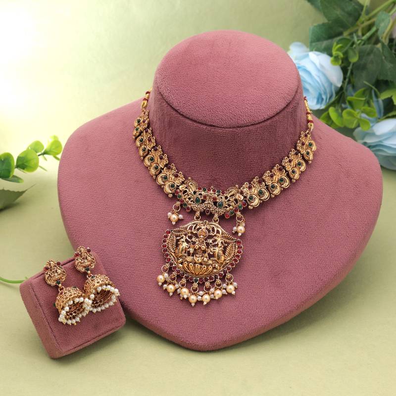 Maroon & green color temple necklace set festive jewelry