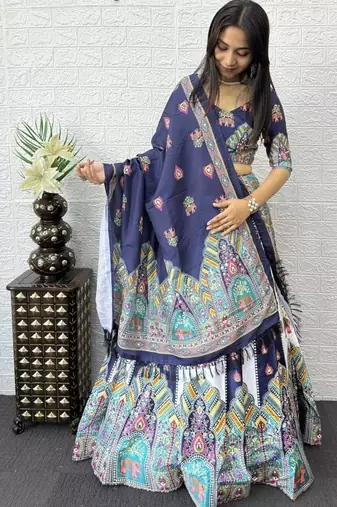New Designer Print With Real Mirror Work Women's Lehenga Choli And Dupatta Set