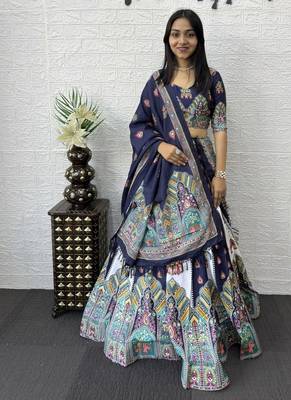 New Designer Print With Real Mirror Work Women's Lehenga Choli And Dupatta Set 4