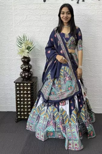 New Designer Print With Real Mirror Work Women's Lehenga Choli And Dupatta Set
