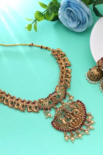 Maroon & green color temple necklace set festive jewelry