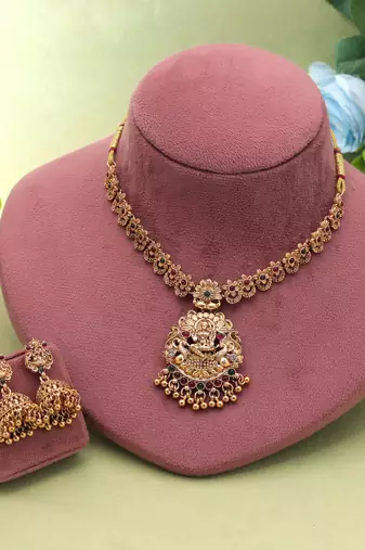 Maroon & green color temple necklace set antique design