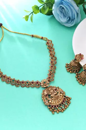 Maroon & green color temple necklace set antique design