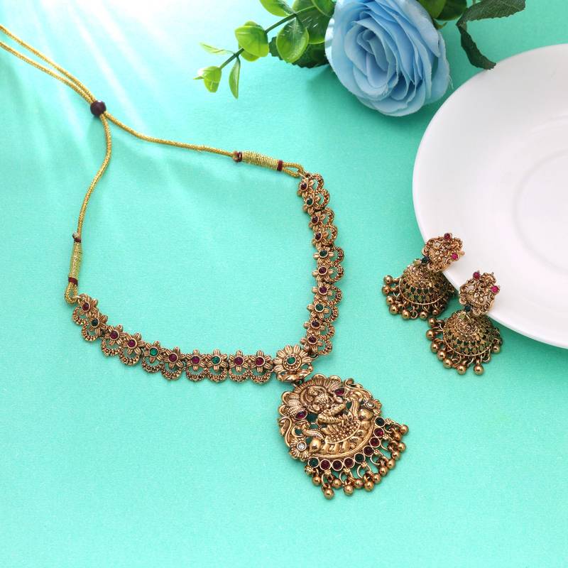 Maroon & green color temple necklace set antique design