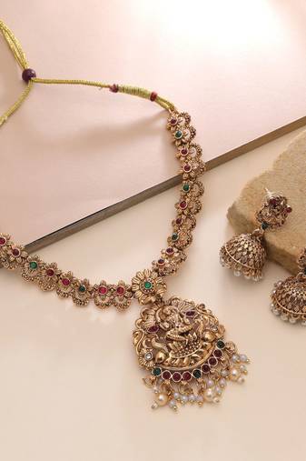 Maroon & green color temple necklace set bridal charm