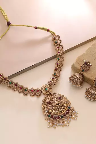 Maroon & green color temple necklace set bridal charm