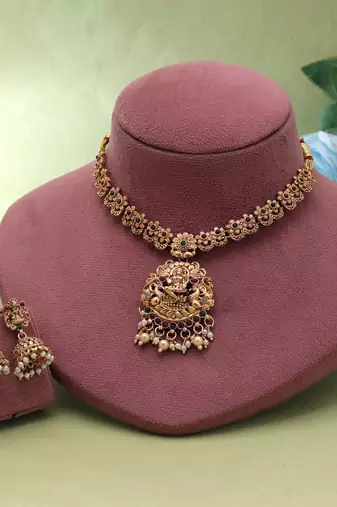 Maroon & green color temple necklace set bridal charm
