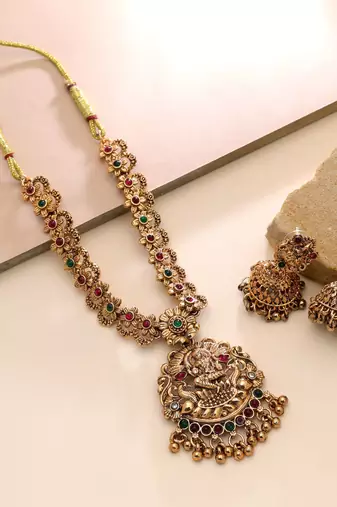 Maroon & green color temple necklace set ethnic style