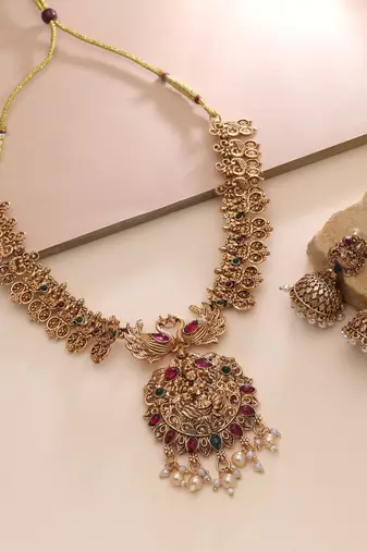 Rani & green color temple necklace set traditional finish