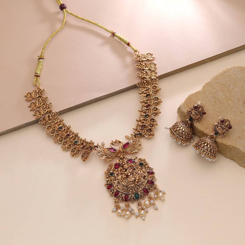 Rani & green color temple necklace set traditional finish