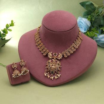 Rani & green color temple necklace set traditional finish 2