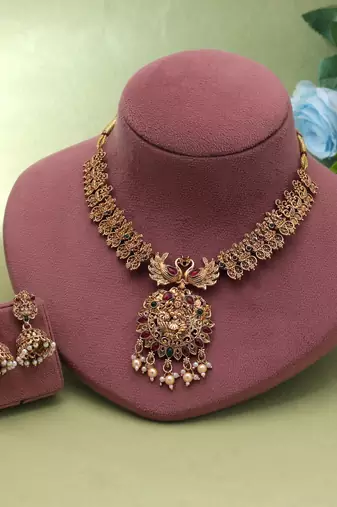 Rani & green color temple necklace set traditional finish