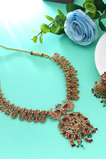 Rani & green color temple necklace set temple look
