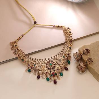 Maroon & green color temple necklace set cultural design 1
