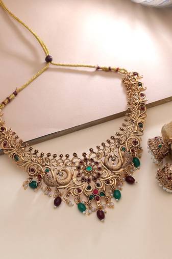 Maroon & green color temple necklace set cultural design