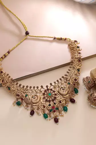 Maroon & green color temple necklace set cultural design