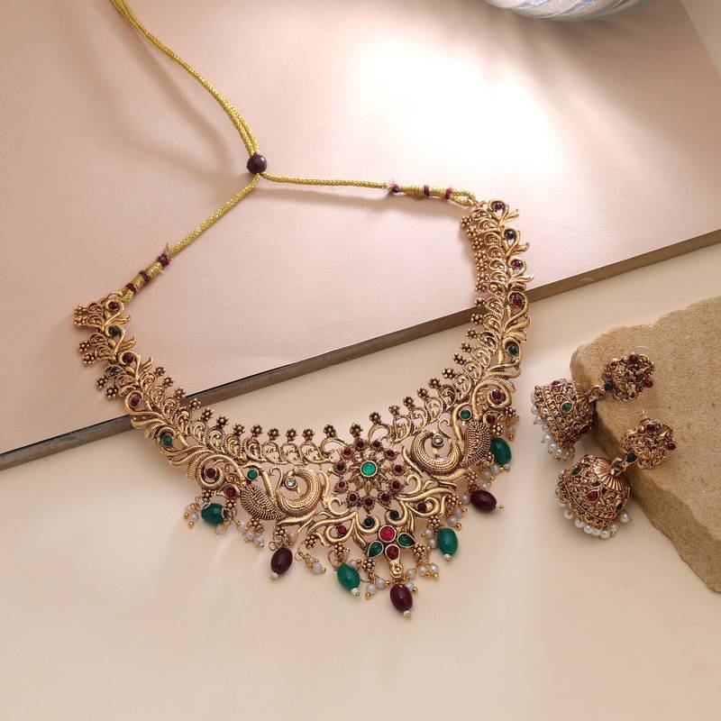 Maroon & green color temple necklace set cultural design