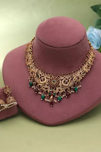 Maroon & green color temple necklace set cultural design