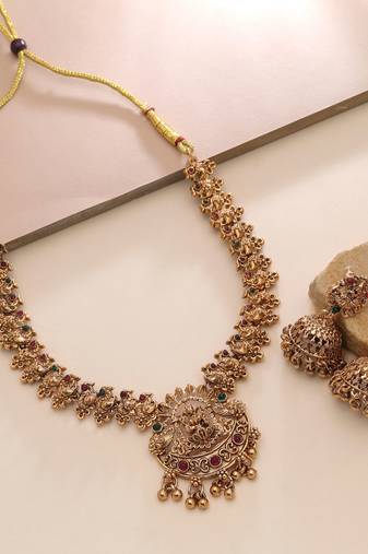 Maroon & green color temple necklace set premium style