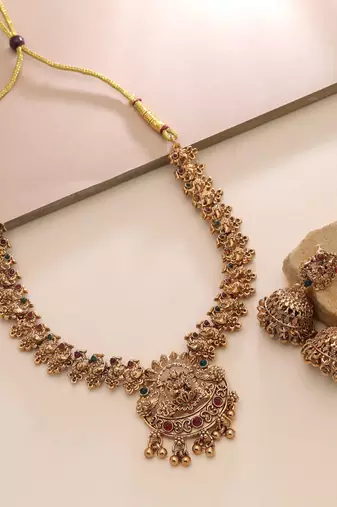Maroon & green color temple necklace set premium style