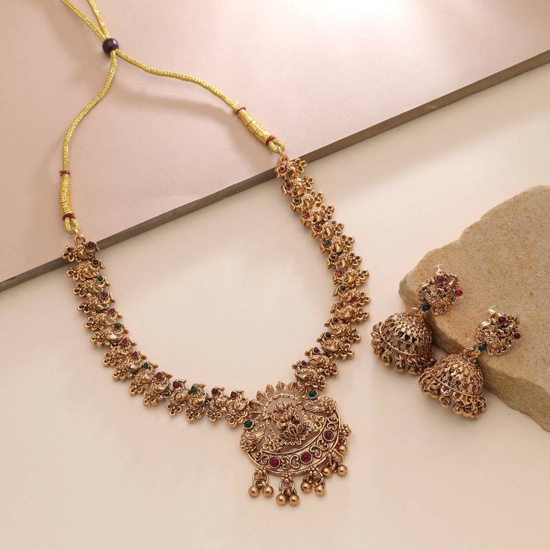 Maroon & green color temple necklace set premium style