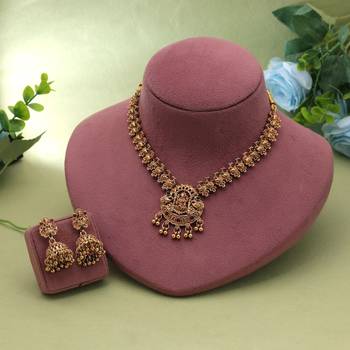 Maroon & green color temple necklace set premium style 2