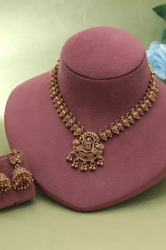 Maroon & green color temple necklace set premium style