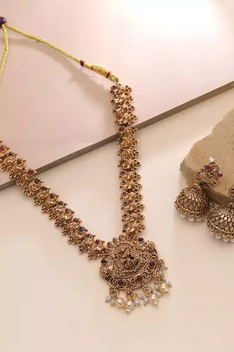 Maroon & green color temple necklace set festive look
